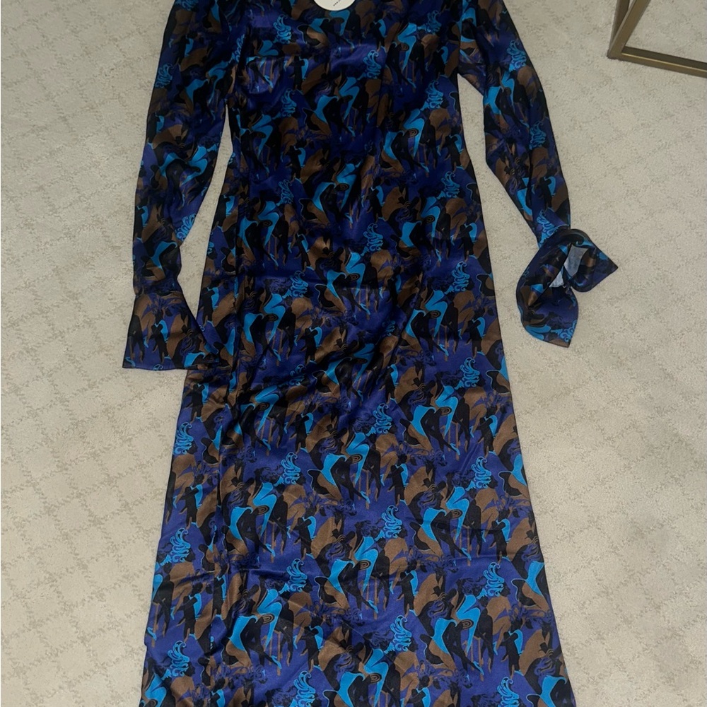 STAUD Vibrant Blue and Brown Long Sleeve Dress